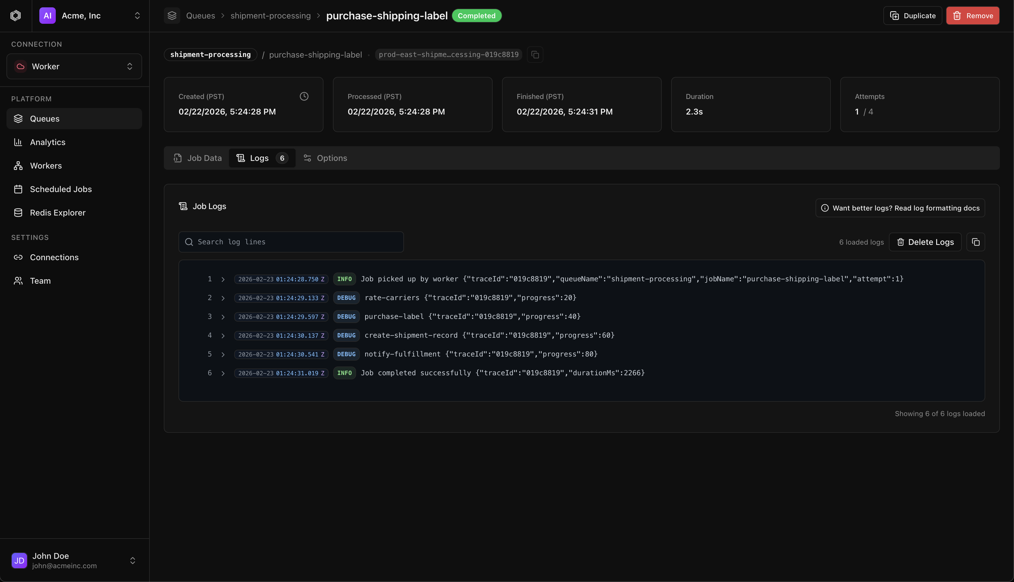 Durabull live logs view with structured log parsing and highlighting.