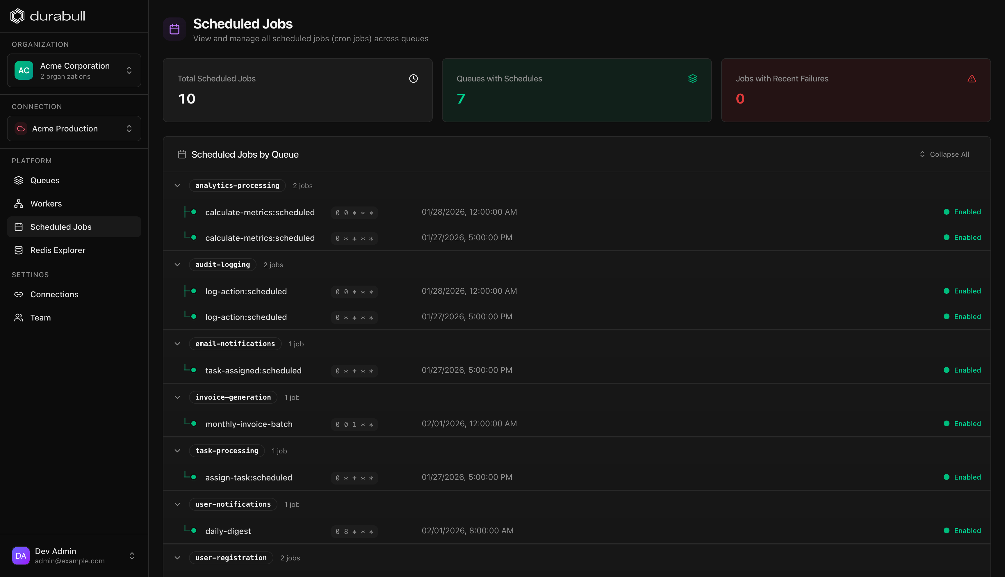 Durabull scheduled jobs view with cron schedules and next run times.